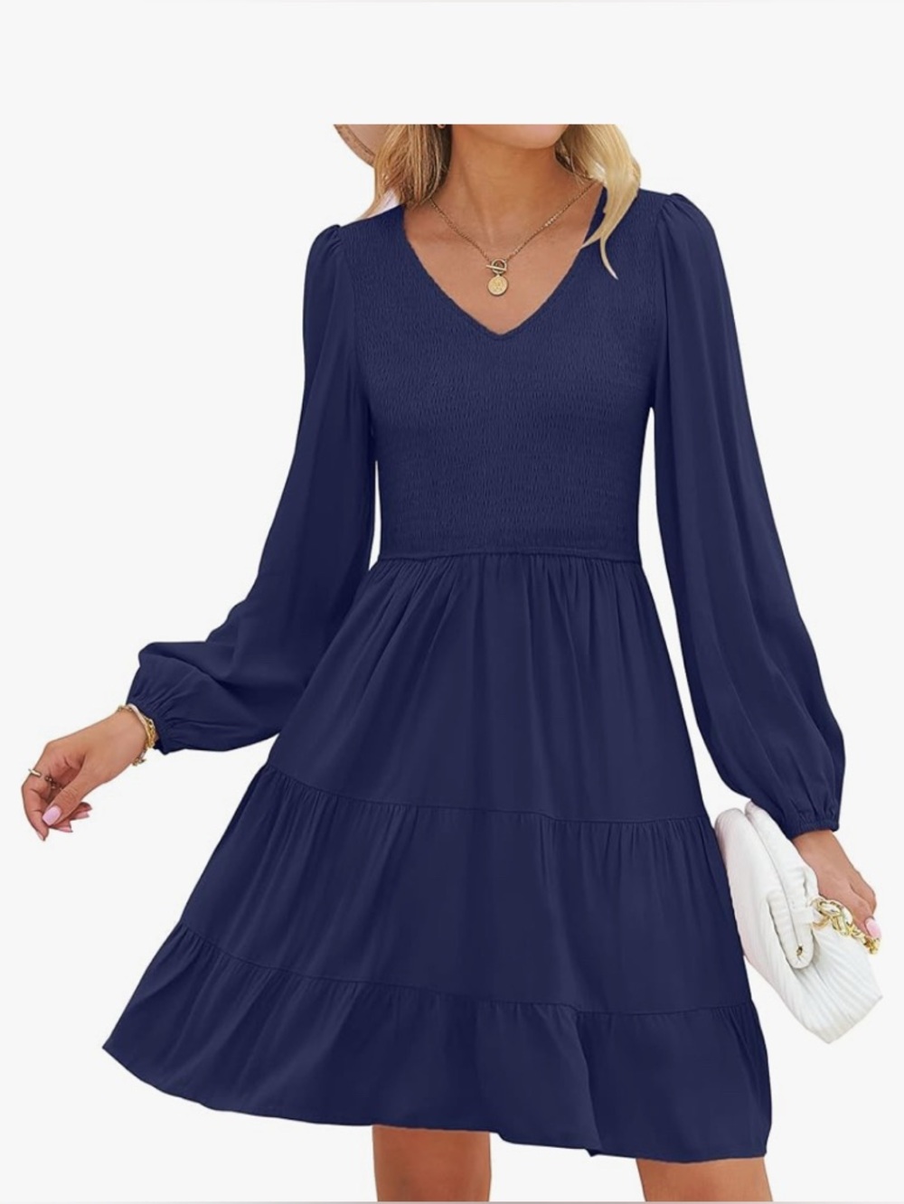 Zesica Navy Long Sleeve Smocked Bodice Dress